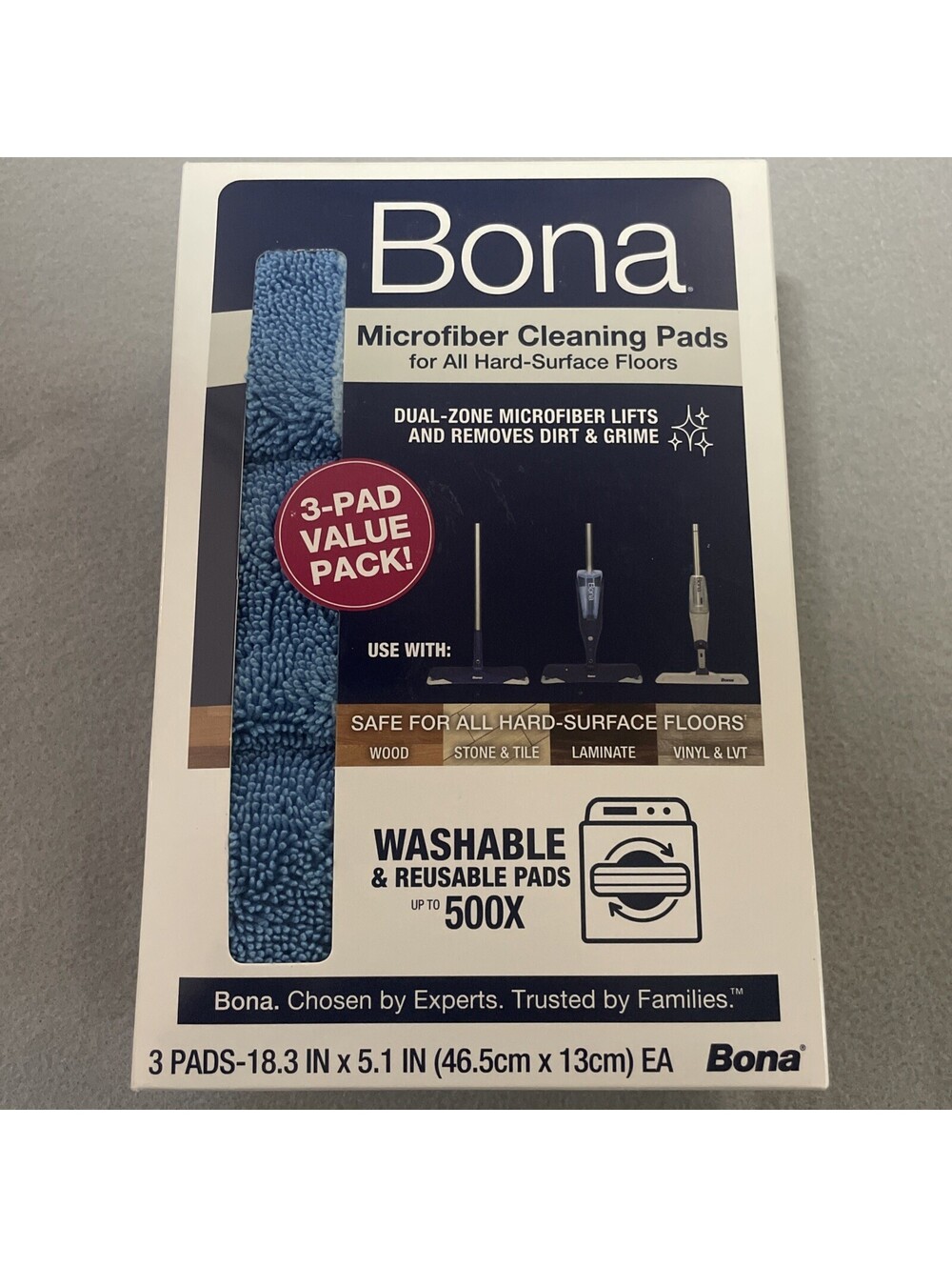 Bona Microfiber Cleaning Pads 3-Pack Blue 18.3x5.1 in